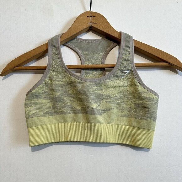 Gymshark Sports Bra Womens Small Gray Yellow Camo Racerback Seamless Run gym - Picture 2 of 5